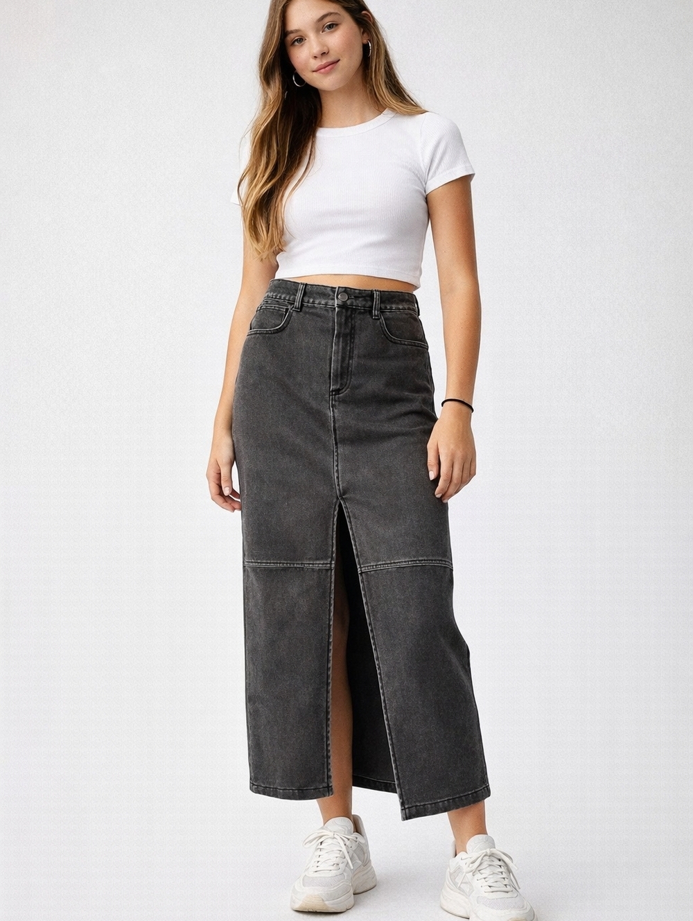 STR Teen Black Pleather Midi Skirt Front Slit Edgy Y2K Streetwear Vegan Leather